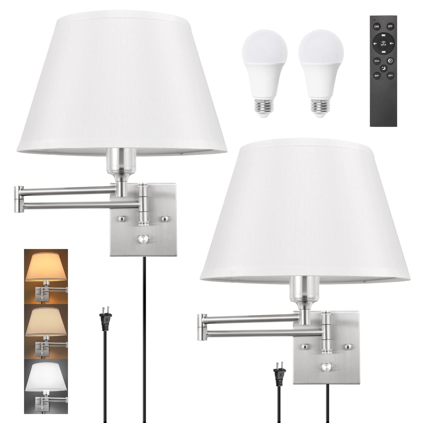 TRLIFE Dimmable Wall Sconce with Remote Control, Adjustable 2700K-6500K, Large White Fabric Shade, Model BYsconce-L-ReWhi, 2 Pack