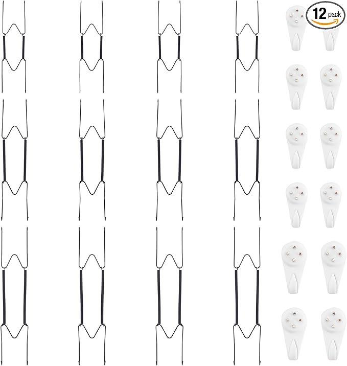 Bilillo 12 Pieces Plate Hangers, 8/10/12 Inch Invisible Wire Holders for Wall Display in Various Sizes with 12 Pieces Wall Hooks for 7.5 to 12.5 Inch Decor and Arts (Black)