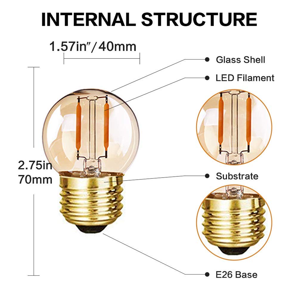 Grensk G40 Edison Led Filament Mini Globe Bulbs, 1W (10W Equivalent), Ultra Warm White 2200K, Amber Glass, 6 Count