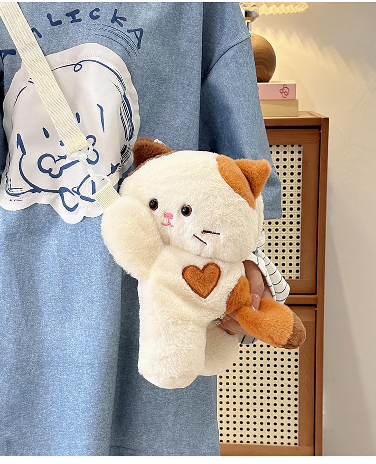 Amamcy Stuffed Animal Crossbody Bag for Girls Women Stuffed Cat Purse Kawaii Plush Kitty Purse Kitty Sling Bag Shoulder Bag
