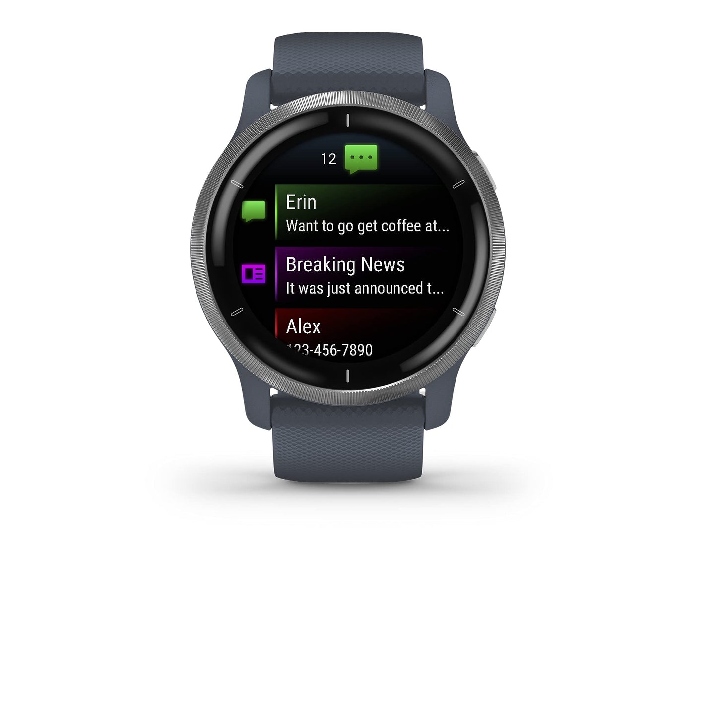 Garmin Venu 2, GPS Smartwatch with Advanced Health Monitoring and Fitness Features, Silver Bezel with GraniteBlue Case and Silicone Band (Renewed)