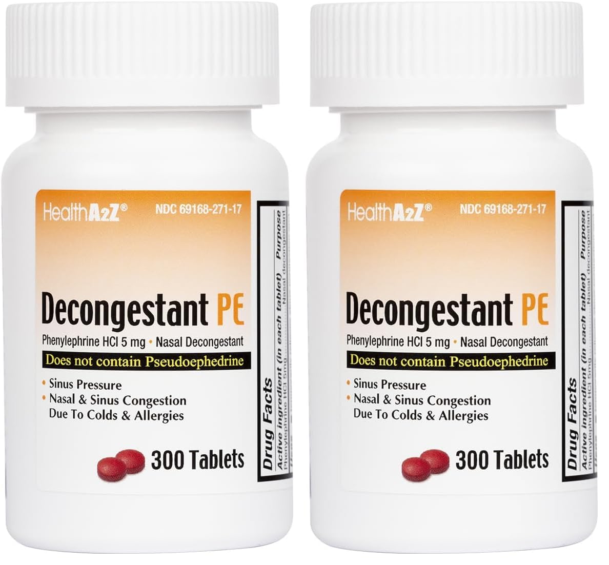 HealthA2Z® Decongestant PE | Phenylephrine HCl 5 mg | Nasal & Sinus Congestion Relief Due to Cold & Allergies (300 Count, 5mg) (Pack of 2)