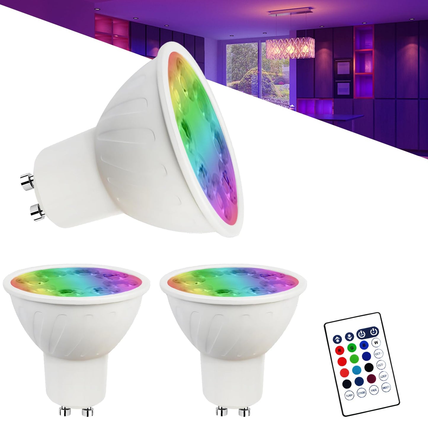Noobibaba GU10 LED Bulbs, Color Changing RGB + Adjustable White 2700K-6000K, 5W, Model GU10-5W-D, 3-Pack