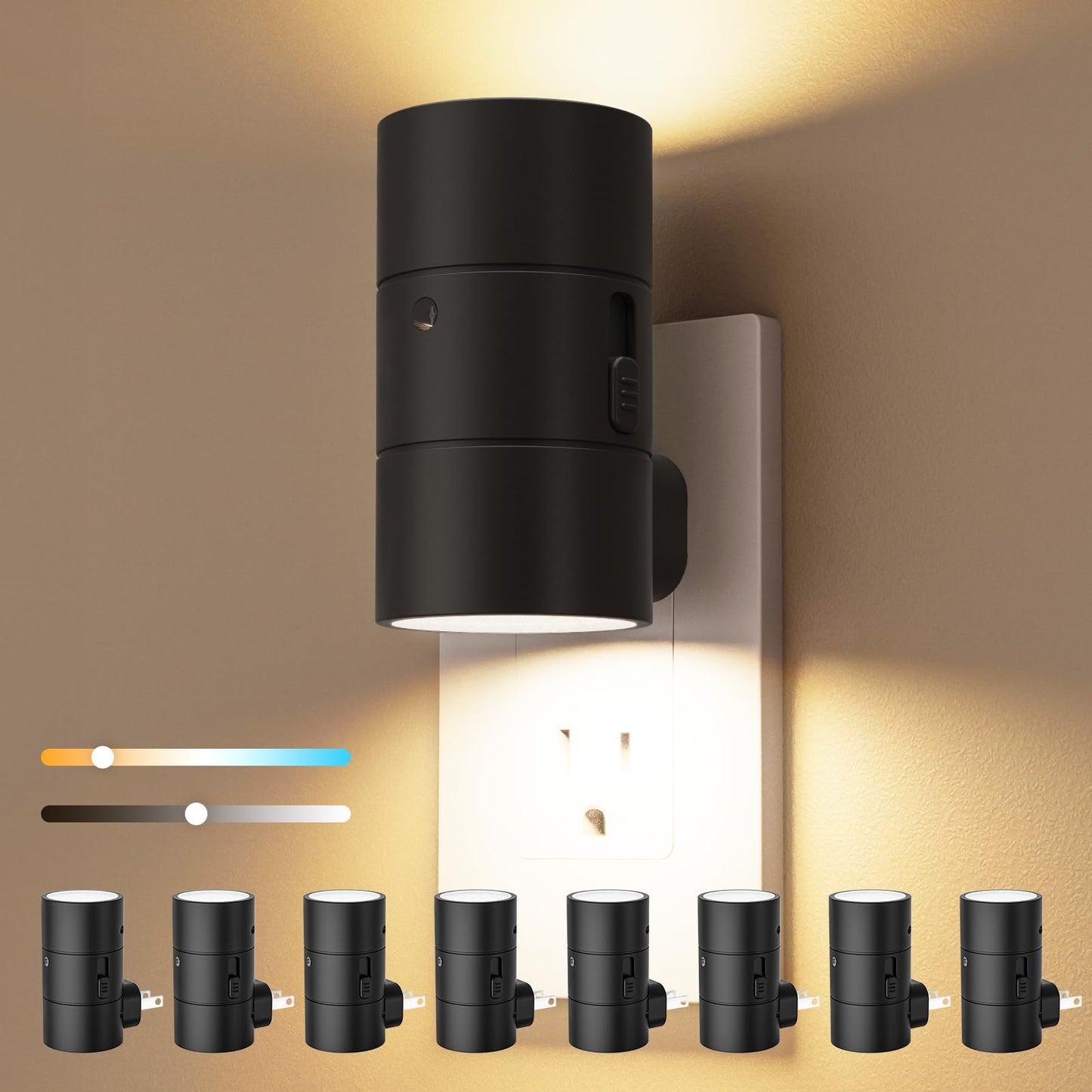 VOLISUN Dimmable LED Night Lights with Dusk to Dawn Sensor, 0-100LM Adjustable Brightness, 3 Color Temperatures, Black, 8 Pack