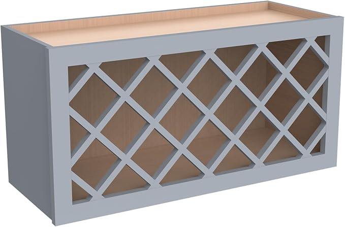 Solid Wood RTA Wine Bottle Rack Wall Cabinet with Lattice Panels Wine Holder Wine Storage Cabinet for Bar, Pantry, Wine Cellar Basement Countertop Mocha (Gray, 36”W × 12”D × 18”H), Sk-grey