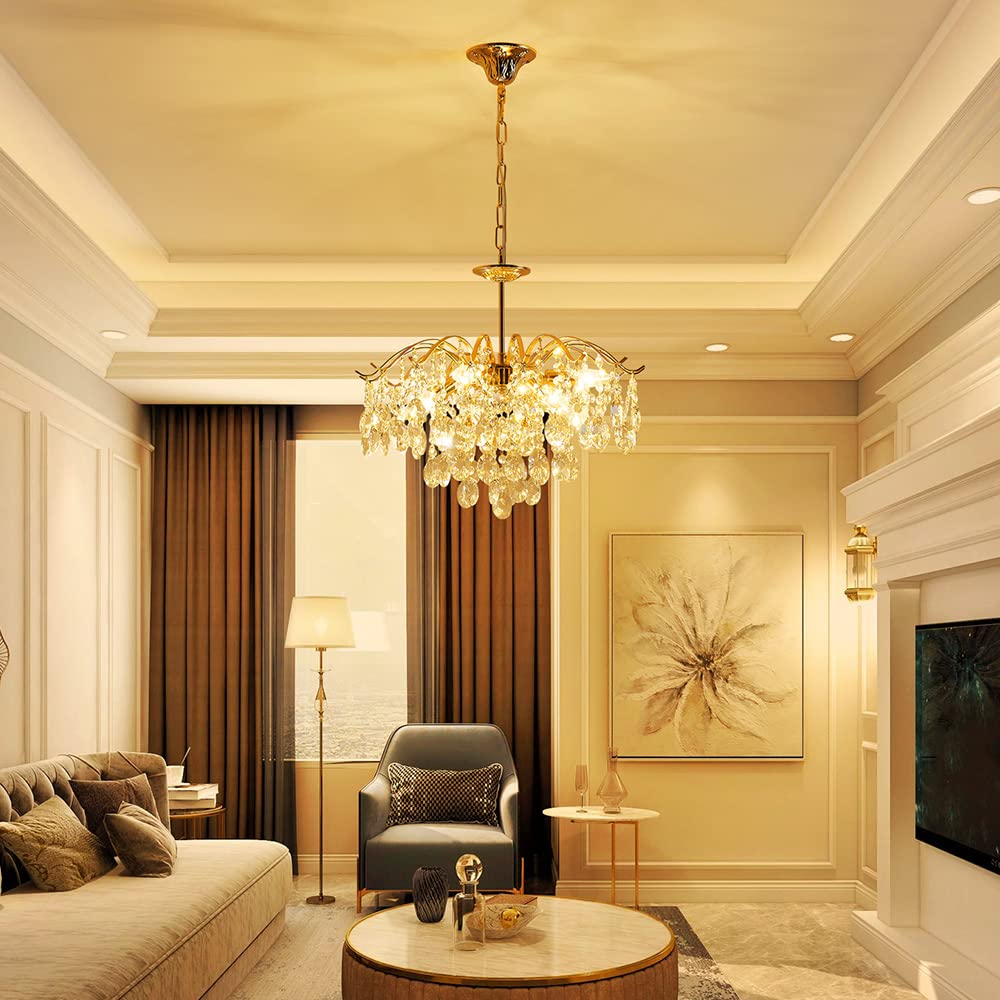 SM Saint Mossi 5-Light Gold Crystal Chandelier, Modern Pendant Light, D20 x H17, Adjustable Chains, Alloy Steel, Shinny Copper Finish