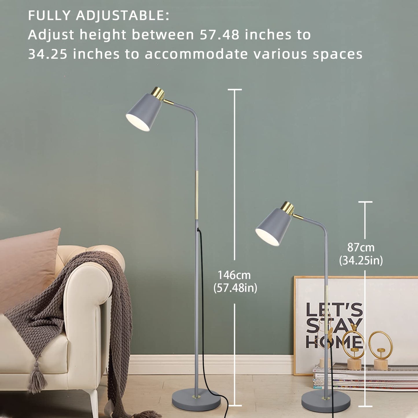LALISU Industrial Floor Lamp - Adjustable Metal Heads, Rustic Farmhouse Design, Gray, Ideal for Living Room & Bedroom Décor