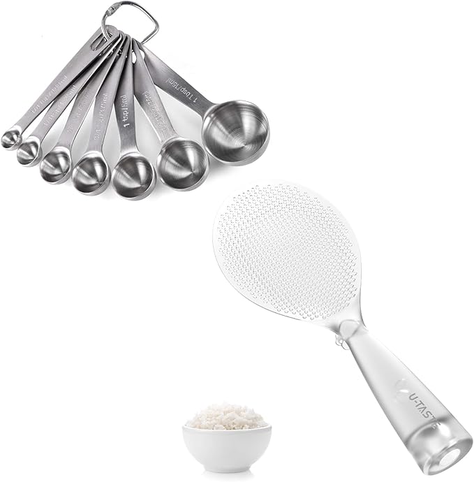U-Taste 18/8 Stainless Steel Measuring Spoons Set of 7 and 329°F Heat Resistant Rice Spoon Paddle Scooper (Transparent)