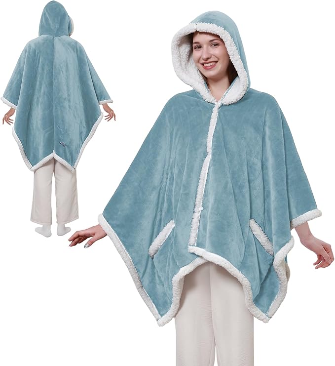 Sealy Heated Throw Wearable Shawl Wrap with Pockets, Reversible Flannel to Sherpa Electric Blanket Hoodie Poncho with 6 He...