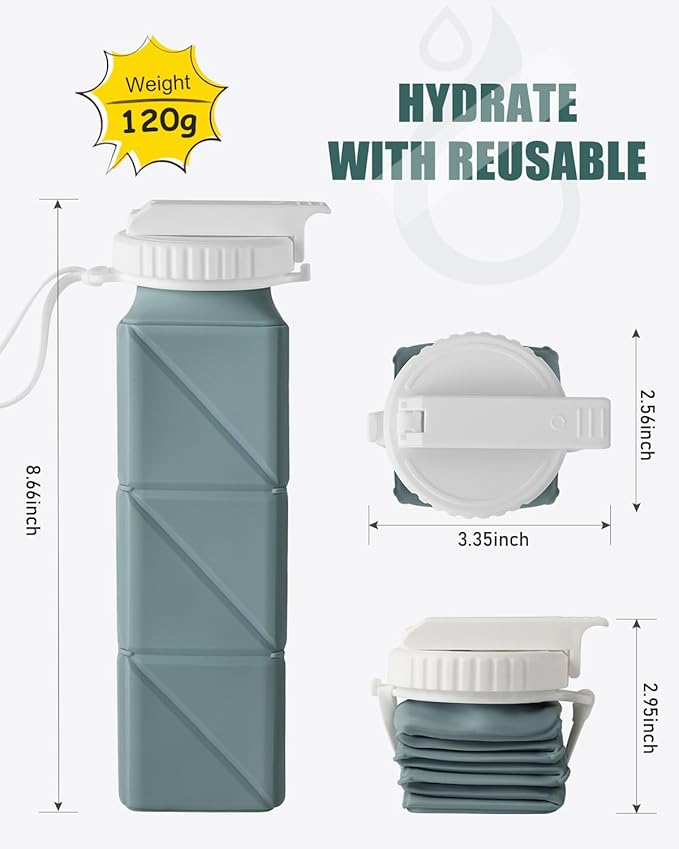 Opard Collapsible Water Bottles 21 Oz - BPA Free, Leak Proof, Foldable Silicone Collapse Water Bottle with Straw, Easy to Compact and Expandable, Travel Essentials Accessories (Green + Blue)