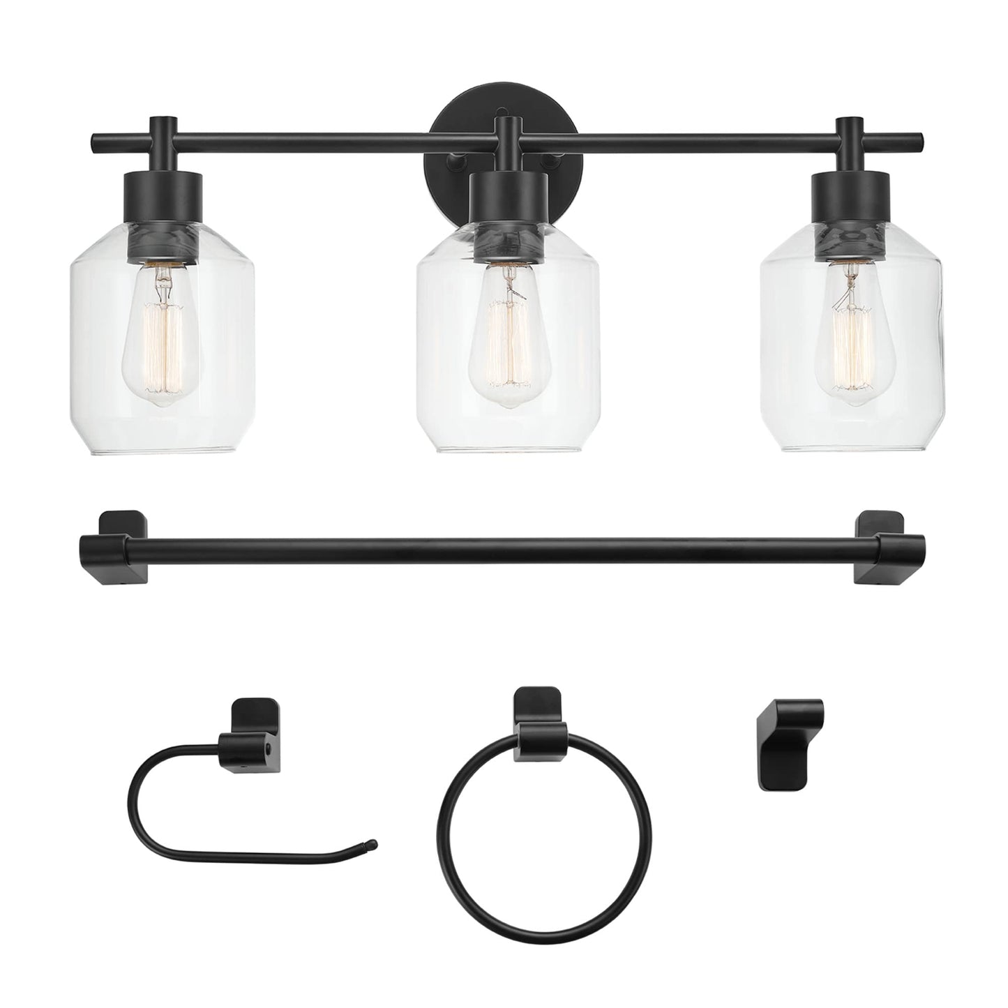Globe Electric Cannes 5-Piece Bathroom Set, Matte Black, Metal, 3-Light Vanity Light, 11.75 inches, Model 65556