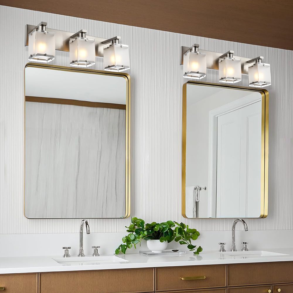 Winshen Modern 3-Lights Brushed Nickel Vanity Lights  Bathroom Light Fixture Over Mirror Wall Lighting Sconces With Frosted Glass Shades  E26 Bulb Base