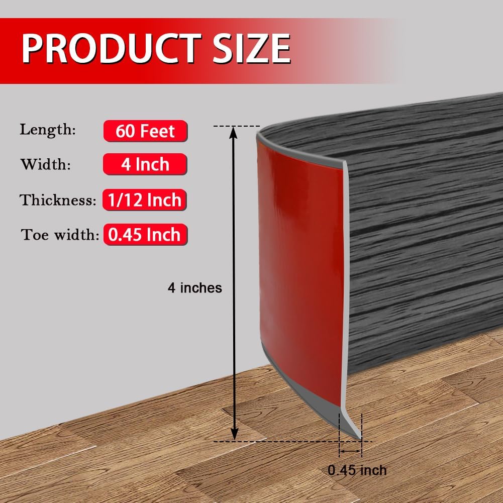 FONUNO Vinyl Wall Base Baseboard Molding Trim 4" Flexible Self Adhesive Rubber Wall Base Moulding Trim Peel and Stick Design, 4 Inch x 60 Feet, Dark Gray Wood Grain