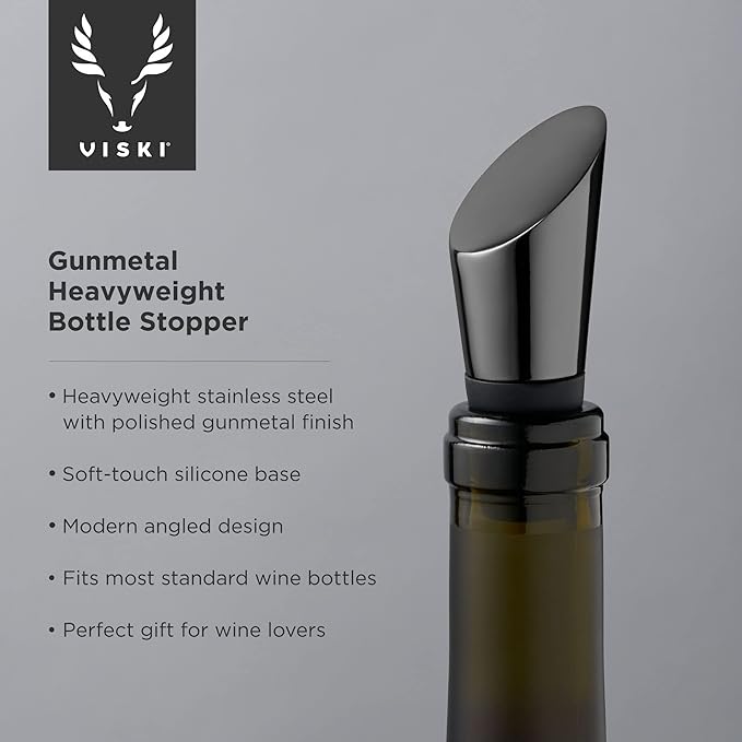 Viski Heavyweight Bottle Stopper, Wine Bottle Stopper, Wine Preserver for Red and White Wines, Gunmetal with Silicone Seal, Set of 1