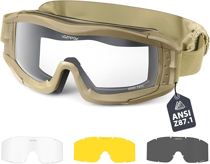 VOZAPOW Airsoft Goggles Anti Fog with ANSI Z87.1 Certified, Safety Goggles Impact Resistant, Tactical Shooting Glasses
