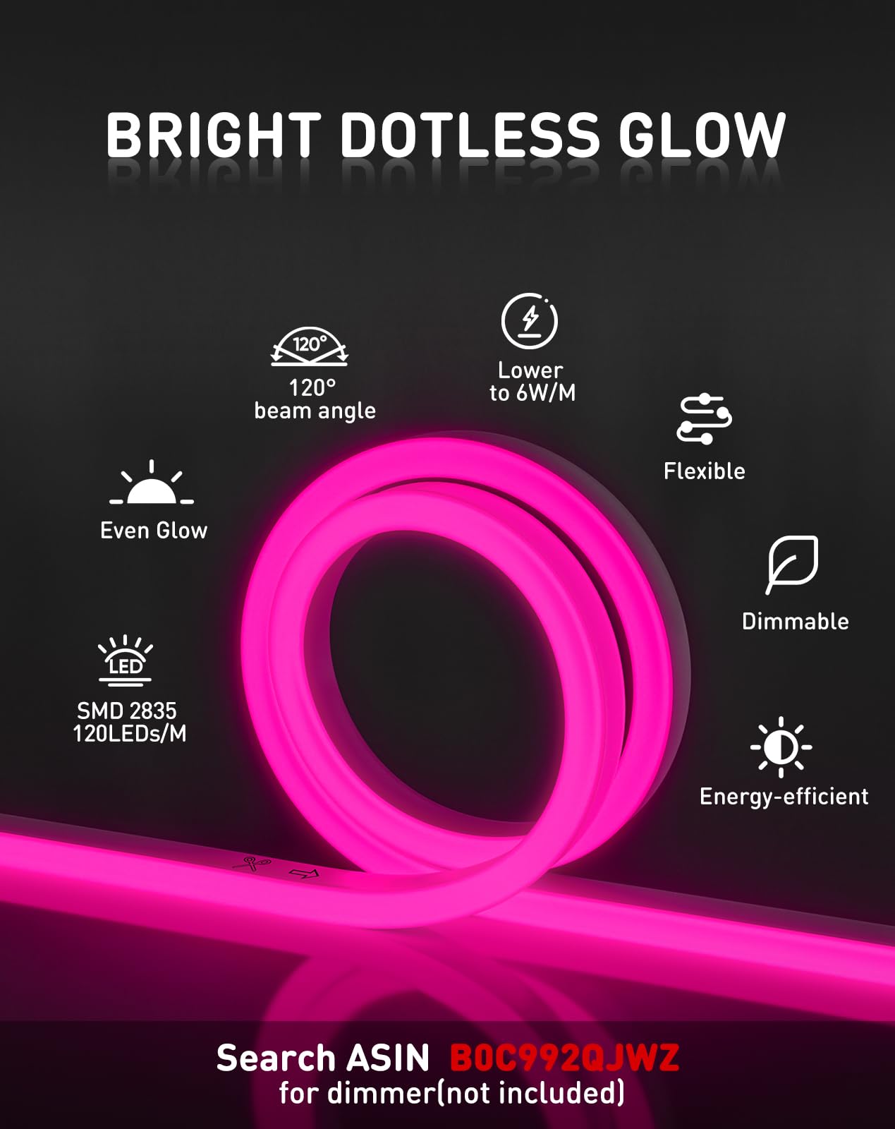Shine Decor LED Neon Rope Lights, 82FT Pink Waterproof Strip, 120LEDs/M, Flexible AC 110V/120V, Connectable for Home & Commercial