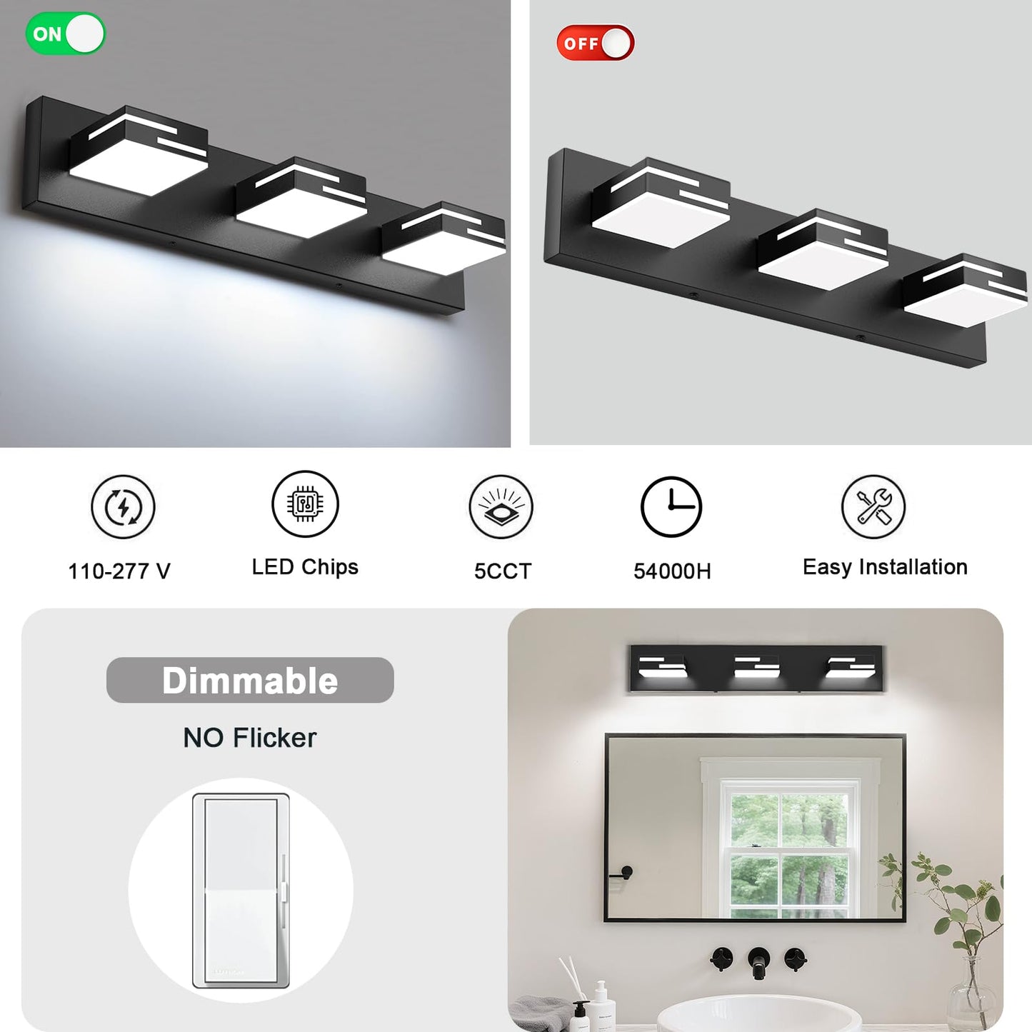 Lkhf Led Modern Bathroom Vanity Light Fixtures 3-Light 5Cct Dimmable Matte Black Vanity Lights For Bathroom Lighting Fixtures Over Mirror  With 350?Rotatable Acrylic Heads  22-Inch