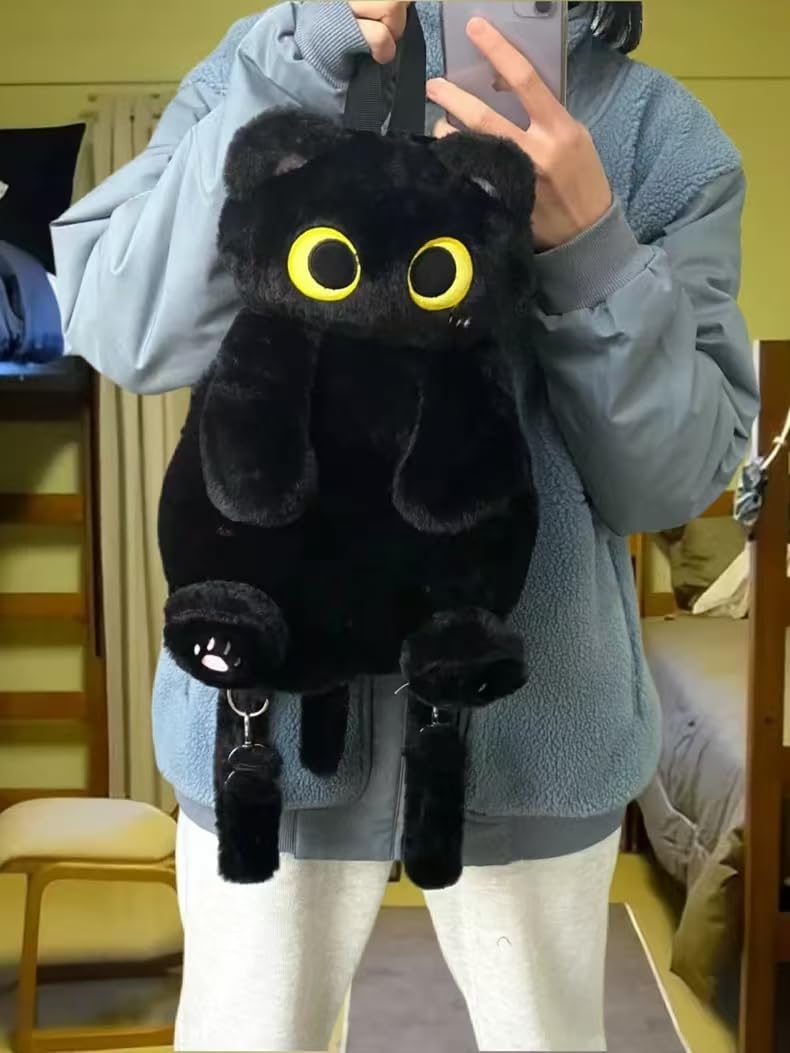 Osmanthus bloom Plush Backpack,Cat Bag,Stuffed Animal Backpack,Cute Cartoon backpack,Plush Bag (A-Black Cat)