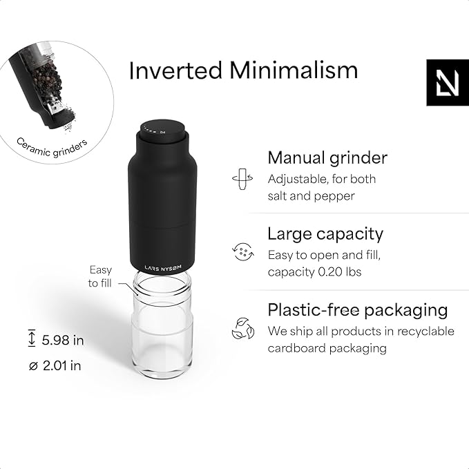 LARS NYSØM Salt and Pepper Grinder Set, Stainless Steel Manual Salt and Pepper Mills, Adjustable Ceramic Grinder, Design Spice Shakers (Carbon Black)