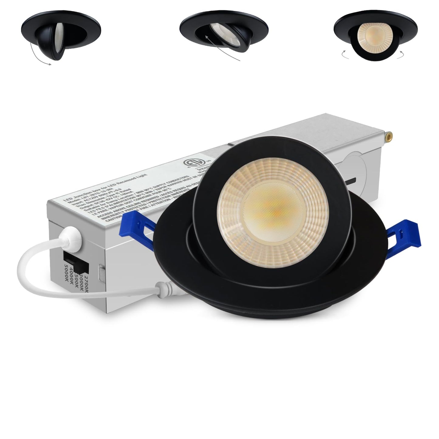 Adetu 2 Inch 5Cct Gimbal Black Led Recessed Lighting With Junction Box  360?90?Adjustable Led Recessed Lights  2700K/3000K/3500K/4000K/5000K  5W Eqv 50W  550Lm Brightness - Etl (Black  1 Pack)