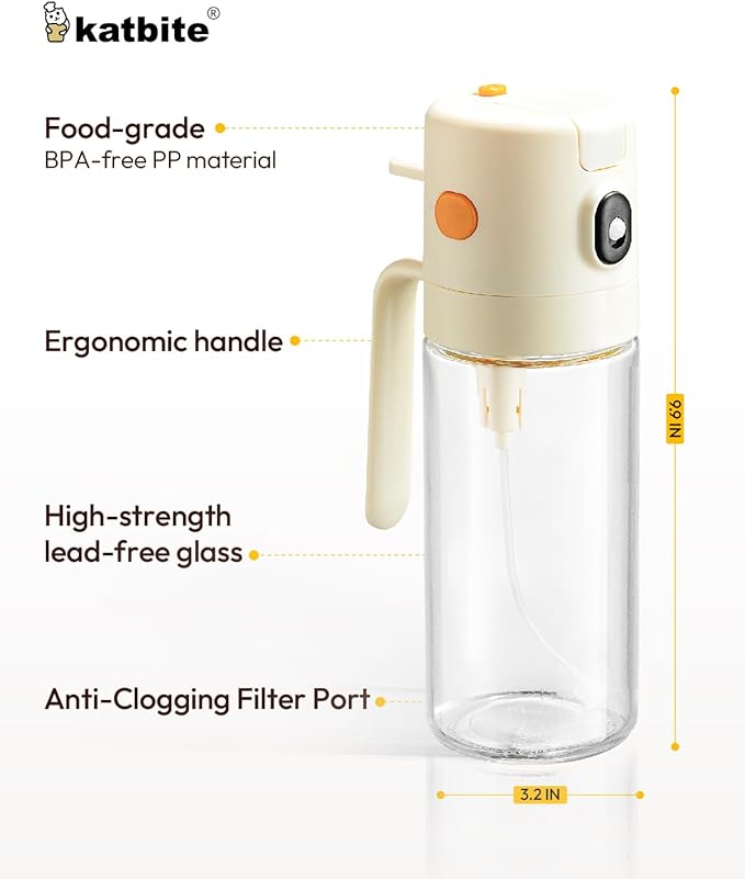 katbite 2 in 1 Oil Sprayer & Pour for Cooking, 18.6 oz(550ml) Glass Olive Oil Dispenser Bottle, One-Touch Open Lid, Non-Drip Leak-Proof Design, Fine Mist(0.5g/Spray) for Air Fryer, Salad, Cream White