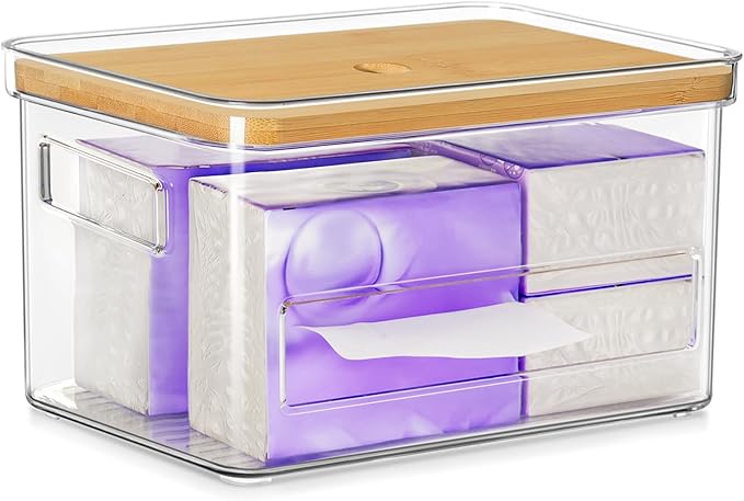 Acrylic Trash Bag Holder, Multi Purposes Clear Organizers and Storage with Bamboo Lid, Kitchen Paper Holder Stackable Toilet Tissue Storage