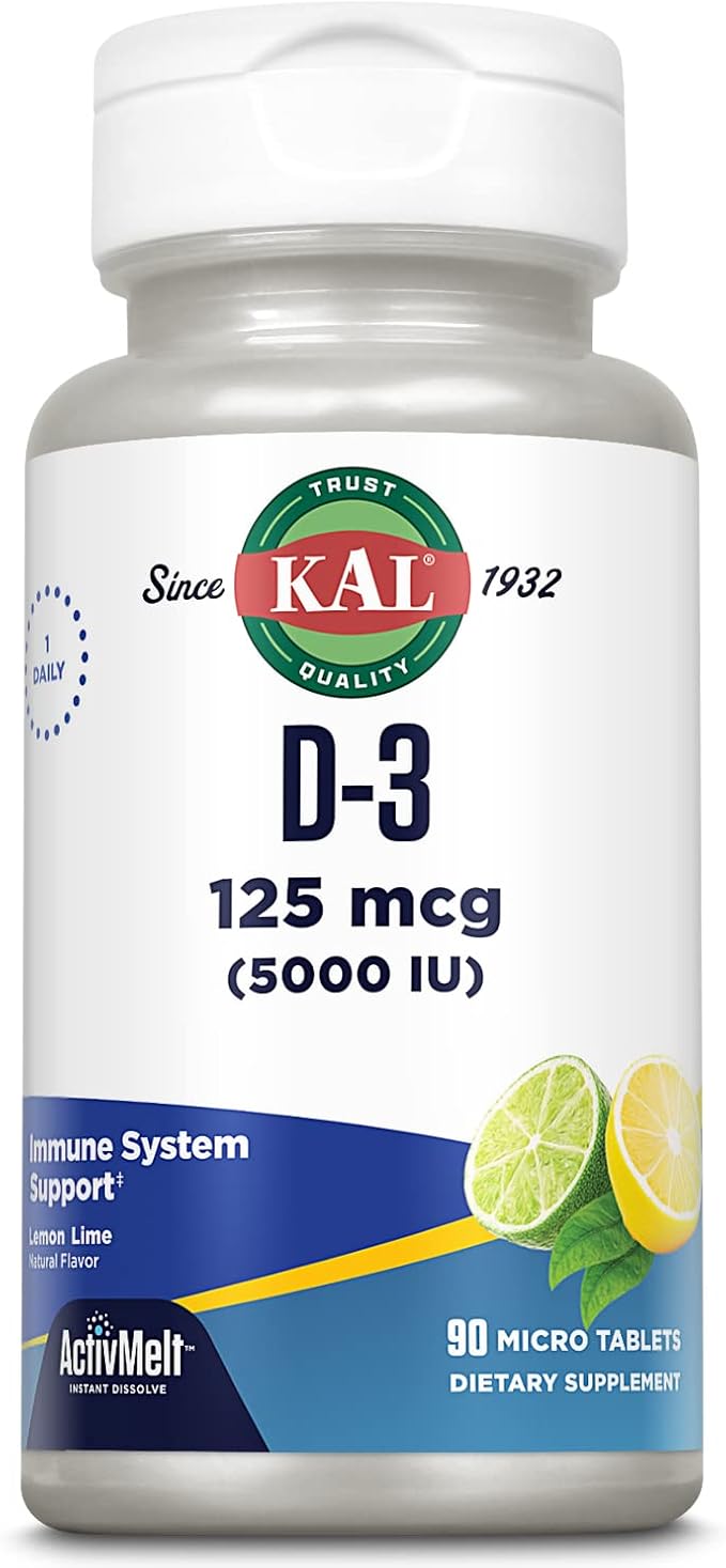 KAL Vitamin D-3 5000 IU ActivMelt, Instant Dissolve, Natural Lemon Lime Flavor, Healthy Immune Function & Bone Support, 90 Servings, 90 Micro Tablets