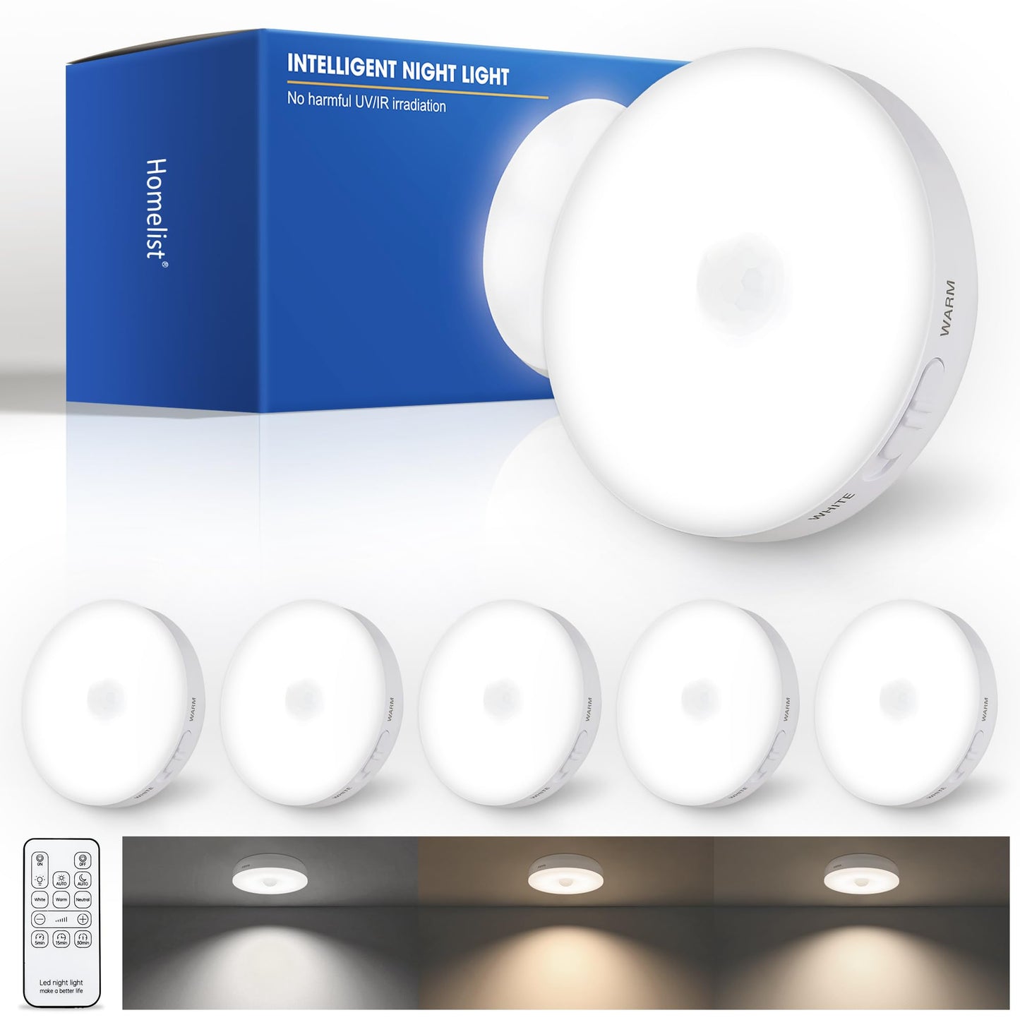 Homelist Motion Sensor Lights, 6 Pack Rechargeable Puck Light, 1500mAh Battery, Upgraded 3 Color Temperature, Model XD036-KJ