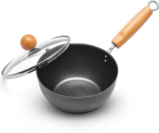 1.5 QT Small Wok, Cold-Forged Iron Wok with Glass Lid, 7 Inch Nonstick Sauce Pan for Single Meals, Flat Bottom Iron Pot for Stir-Fry, Multipurpose Cooking Pot for Everyday Cooking