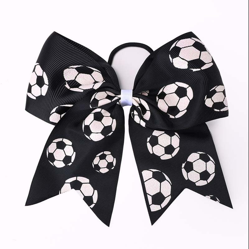 Cheer Ponytail Holder with Soccer Ball Hair Bow - Football Hair Tie Bowknot PHB05 (2 PCs-Black White)