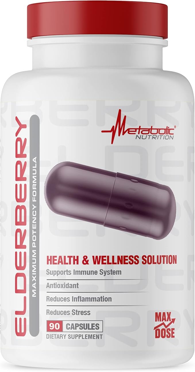 Metabolic Nutrition Elderberry with Vitamin C and Zinc, 1200mg, 90 Vegan Capusles, Supports Immune System, Antioxidant, Reduces Inflammation as Well as Stress Relief