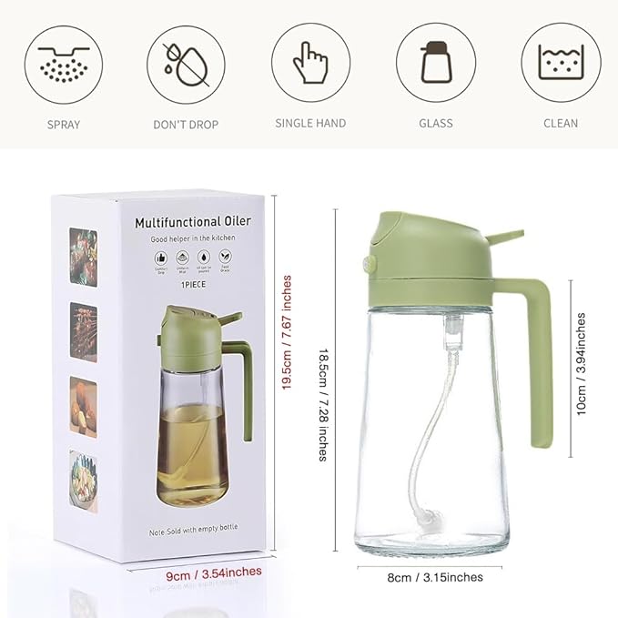 Kitchen Cooking Olive Oil Spray Bottle, 2-in-1 Oil Dispenser pour oil and Spritzer, 16oz/470 ml Glass Oil Sprayer Food-grade Oil Mister, Air Fryer, Salad, Baking, Roasting、BBQ