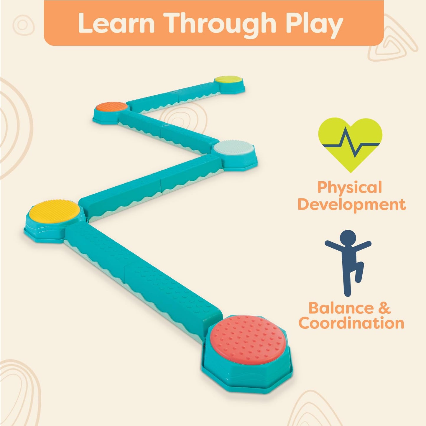 B. toys – Balance Beam for Kids – Interlocking Balancing Beams – 5 Sensory Pads & 8 Beams – Active Play for Toddlers, Kids – 3+ Years– Balance & Build Set