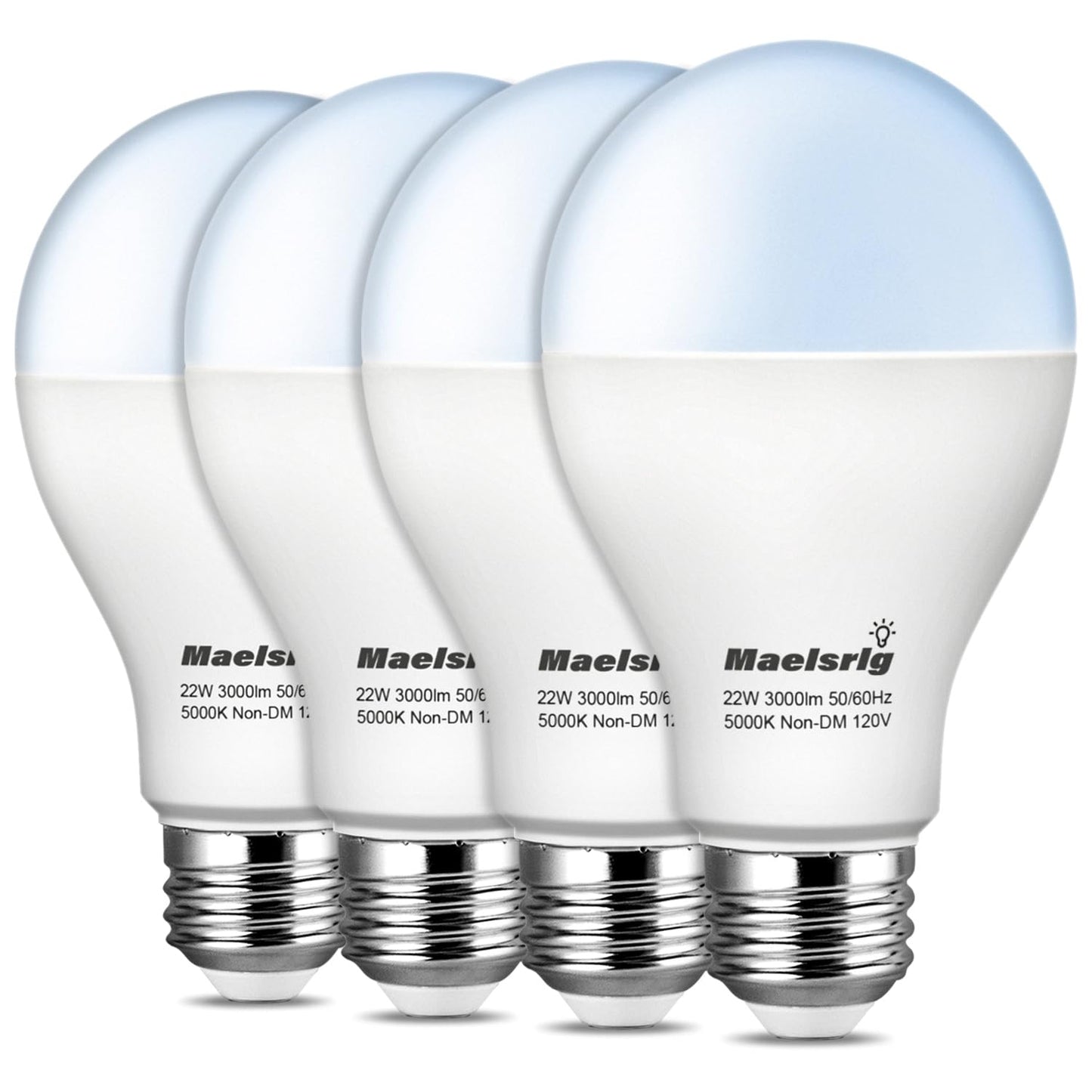 Maelsrlg 200 Watt LED Bulb Equivalent, A21 22W 3000 Lumen LED Light Bulb, Daylight 5000K, Non-Dimmable E26 Medium Base 120V-High Output 200W LED Light Bulbs for Garage, Shop, Warehouse, 4-Pack