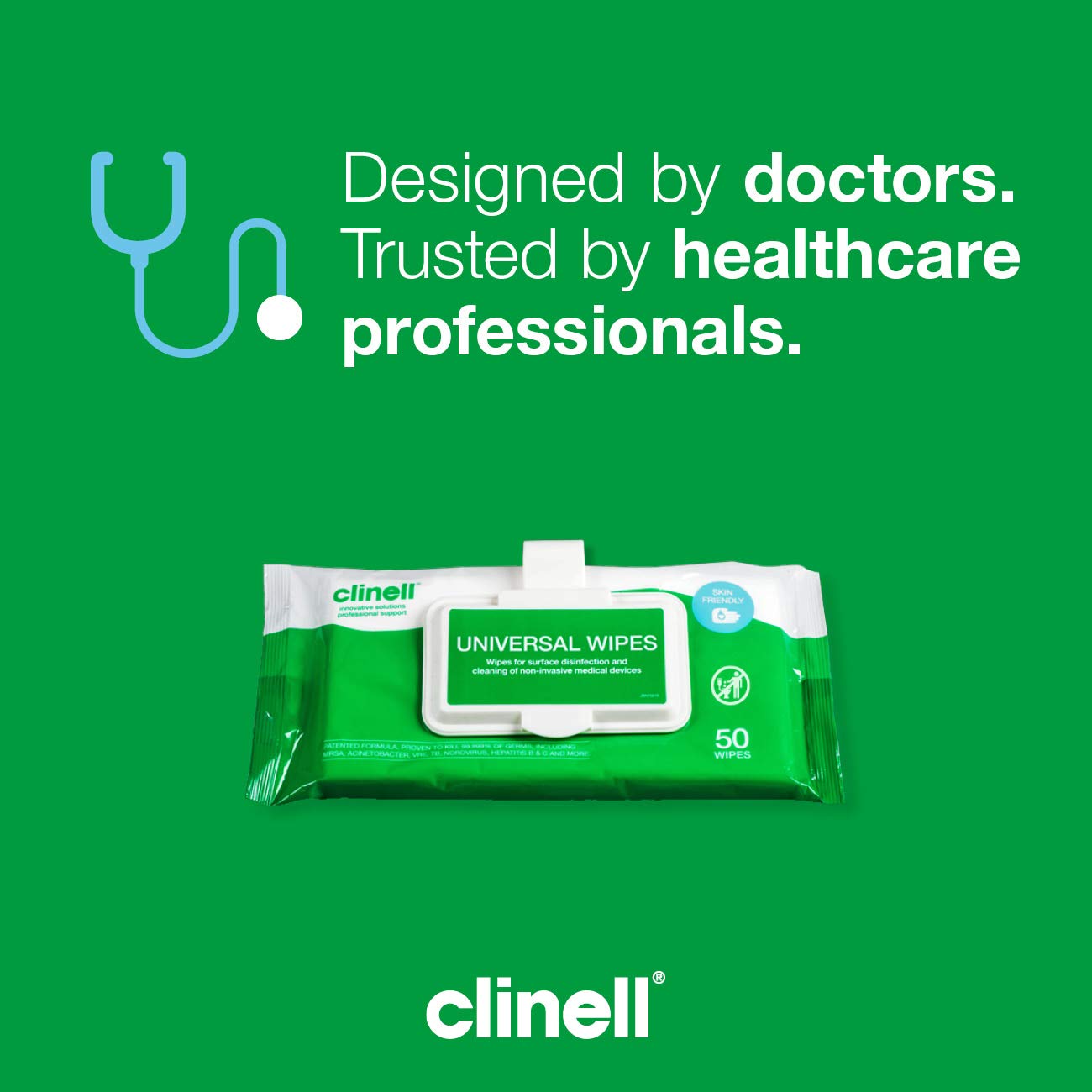 Clinell Universal Cleaning and Surface Disinfection- Multi Purpose - Kills 99.99% of Germs, Effective from 30 Seconds - 1 x Clip Pack of 50 Wipes
