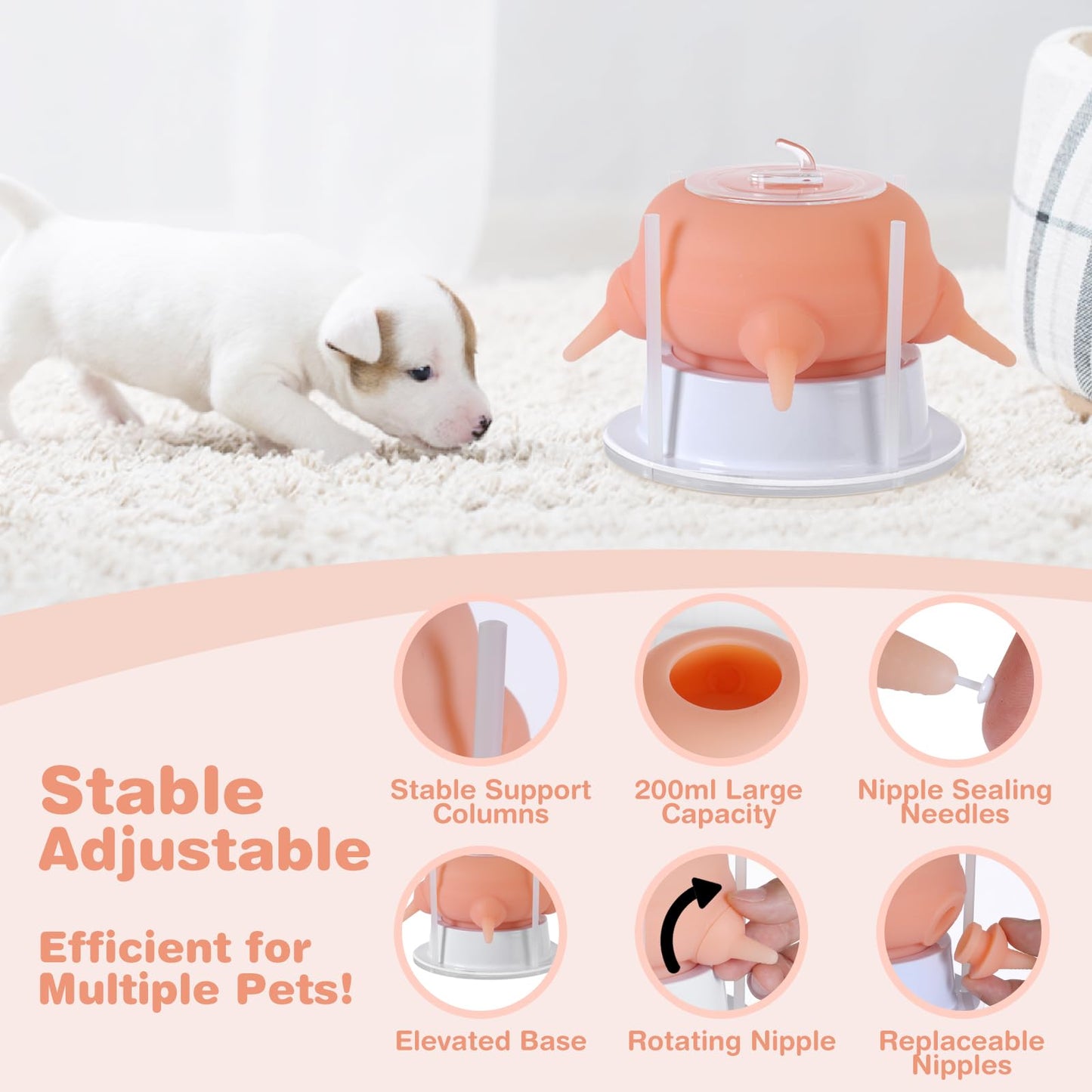 Elevonix Nursing Nipple Puppy Feeders for Multiple Puppies, 200ml Food-Grade Silicone with 4 Adjustable Detachable Nipples, Smooth Flow Nipple for Kitten Bottle Feeding Kit(Pink)