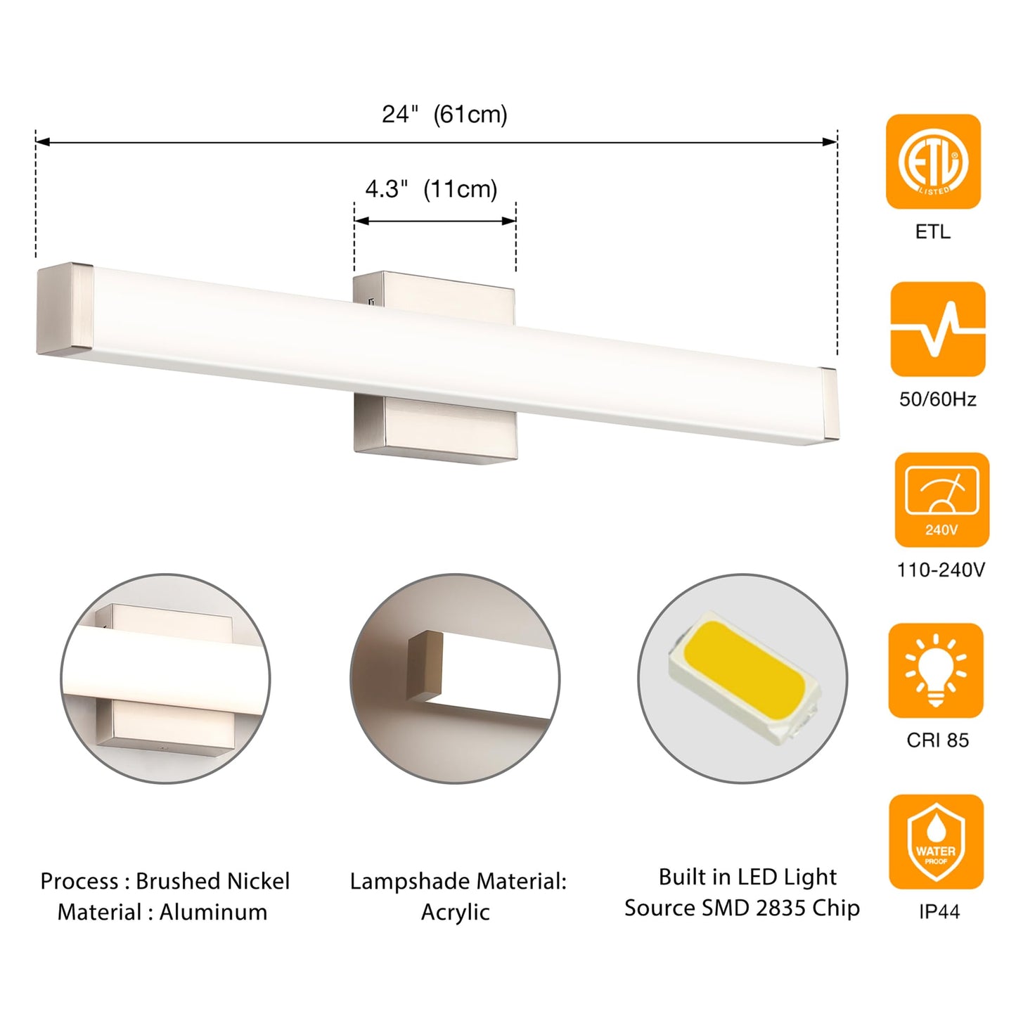 YHTlaeh Bathroom Vanity Light Brushed Nickel 24in 14W LED Wall Bar Fixture Model 7610