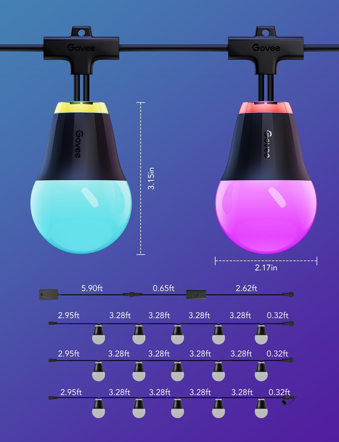 Govee Outdoor String Lights H1, 50ft RGBIC Outdoor Lights with 15 Dimmable Warm White LED Bulbs, Smart Outdoor Lights with 60 Scene Modes, IP65 Waterproof, Work with Alexa, Daily Lighting