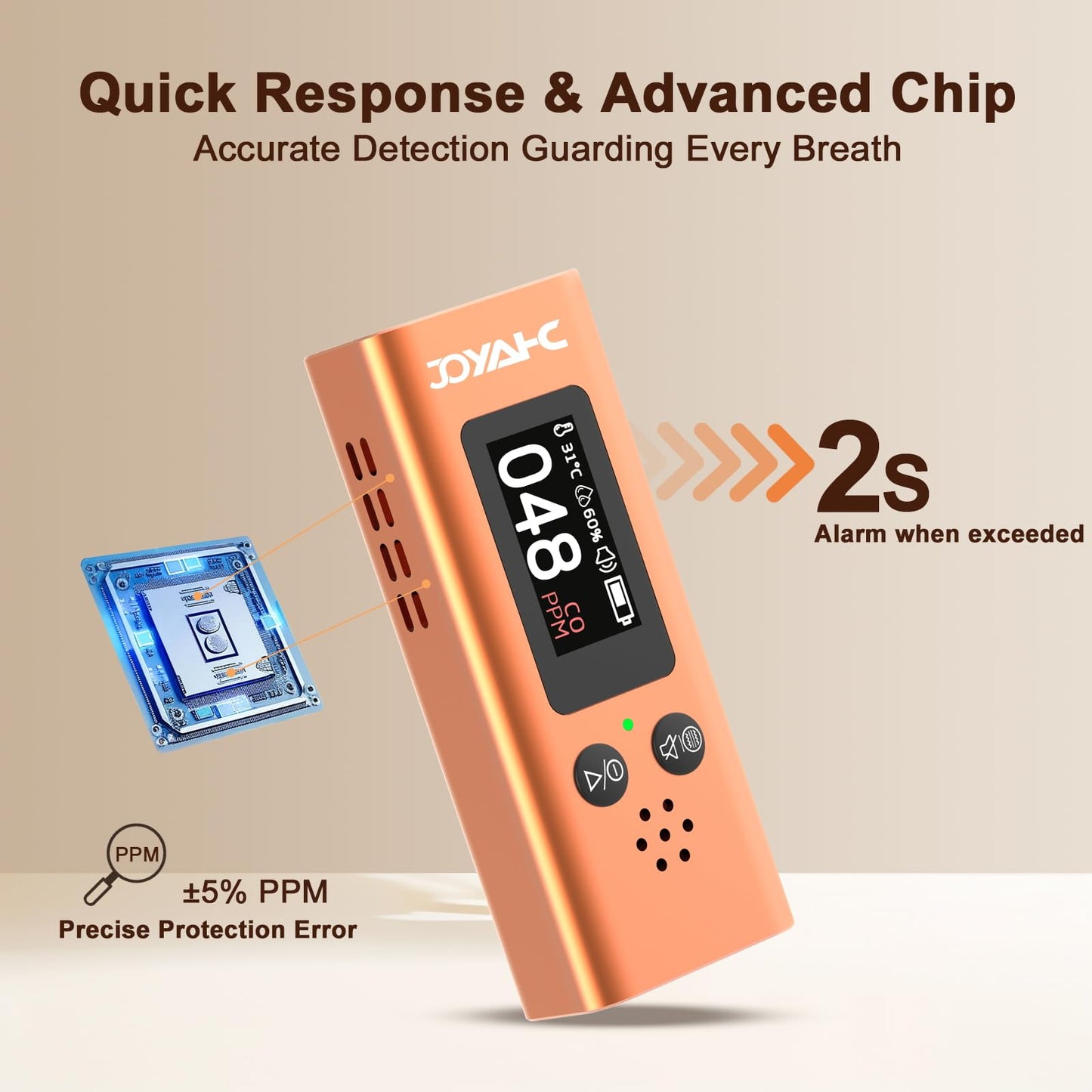 Portable Carbon Monoxide Detector for Travel, 3-in-1 CO Detector with Temperature & Humidity Sensor, Dual Audible & Visual Alarm Camping, RV and Hotel for Safety (Orange)