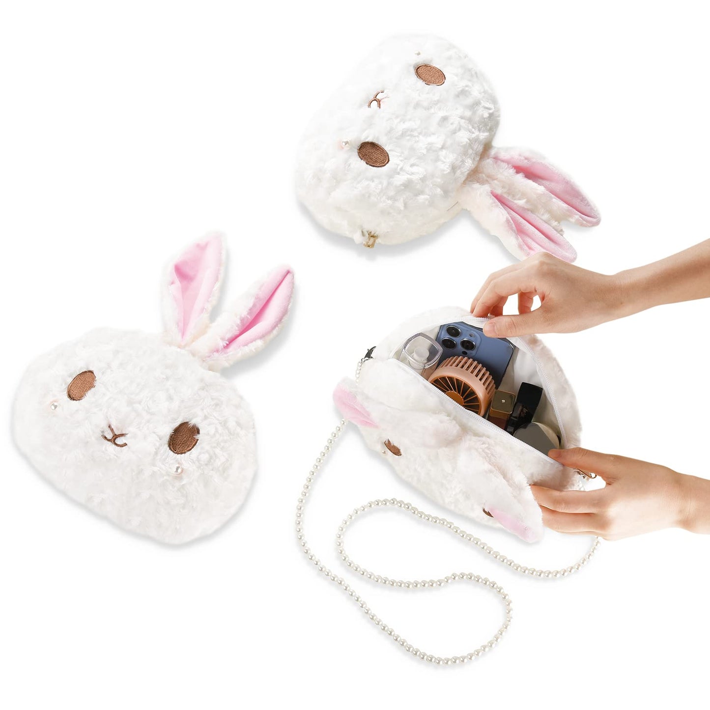 kawaii bunny Crossbody bag,cartoon Plush Rabbit wallets,cute Lolita Handbag for women, Lovely Fluffy animal purse (pearl chain) white