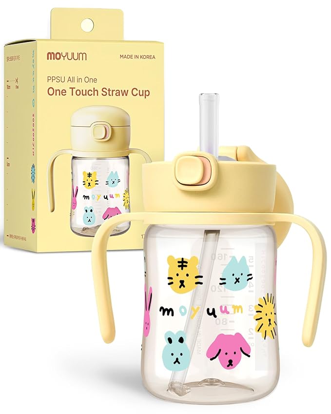 MOYUUM Leak Proof Sippy Cup with Handle | Made in Korea, 100% BPA Free PPSU, Magic No Spill Straw Cup with Attached Flip Top Lid, Easy to Hold for Babies and Toddlers, 6oz Yellow