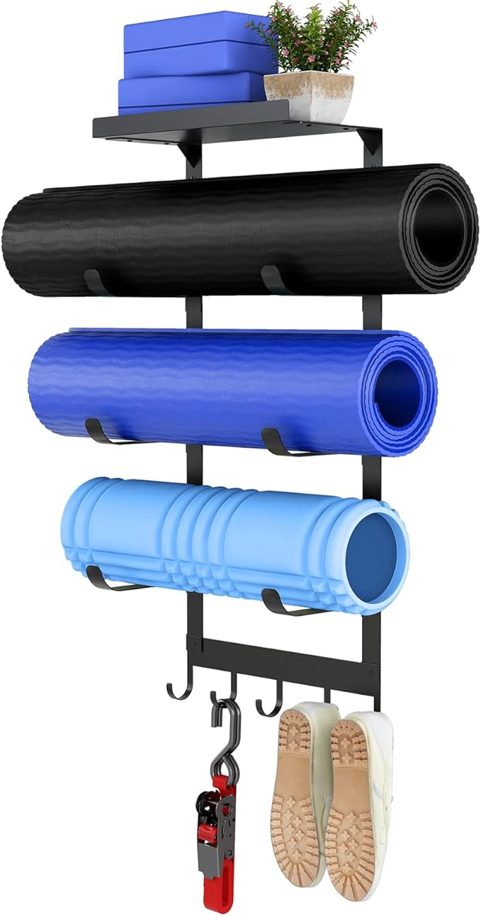 LSK Yoga Mat Holder Wall Mount, Black Yoga Mats Storage Rack, Home Gym Storage with Metal Floating Shelf for Storing Fitne...