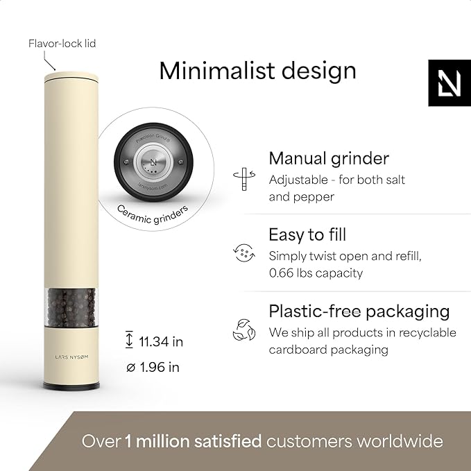 LARS NYSØM Salt Pepper Mill Manual with adjustable ceramic grinder from coarse to fine I Design Spice Mill (Almond Beige)