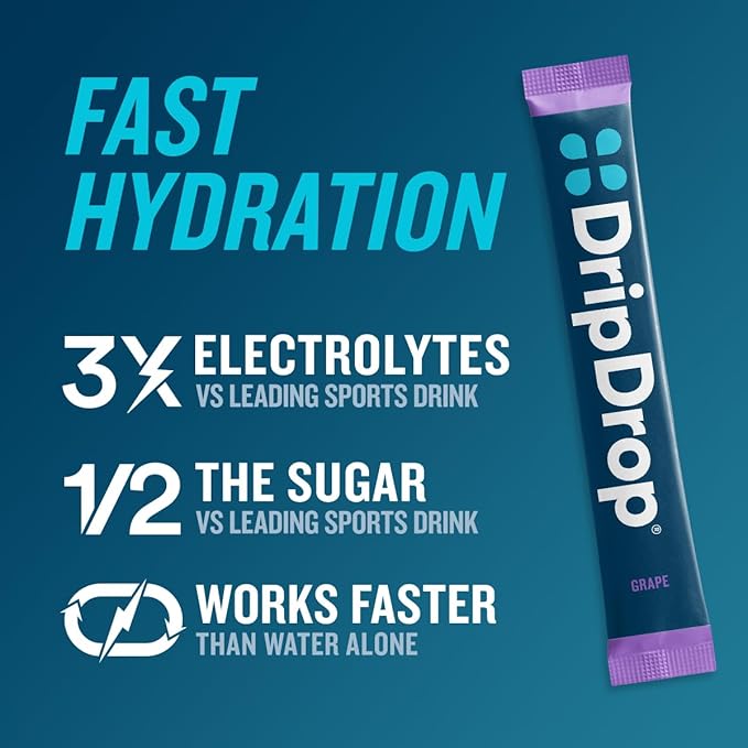 DripDrop Hydration Packets - Juicy Variety Pack - Single Serve Electrolytes Powder Drink Mix - Grape, Fruit Punch, Strawberry Lemonade, Cherry - Non-GMO, Gluten Free, Vegan - 32 Sticks