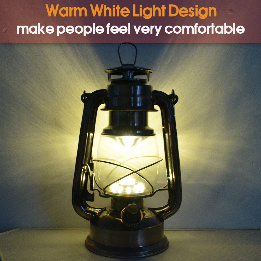WisHomee Vintage LED Hurricane Lantern, Copper, 15 LEDs, 150 Lumen, Battery Operated, Antique Metal with Dimmer Switch