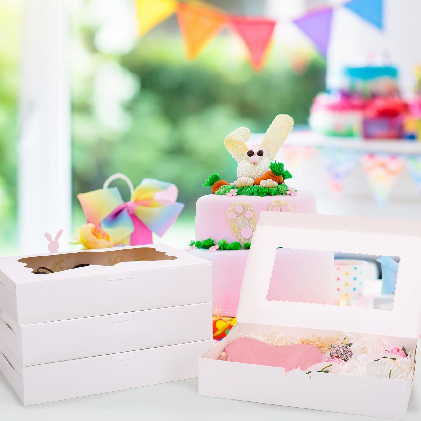 TOMNK 7pcs Cookie Boxes, 12x8x2.5 Inches White Bakery Boxes with 3 Style Window for Chocolate Covered Strawberries, Treats, Breakable Heart, Pastries, Desserts and Cake Pops
