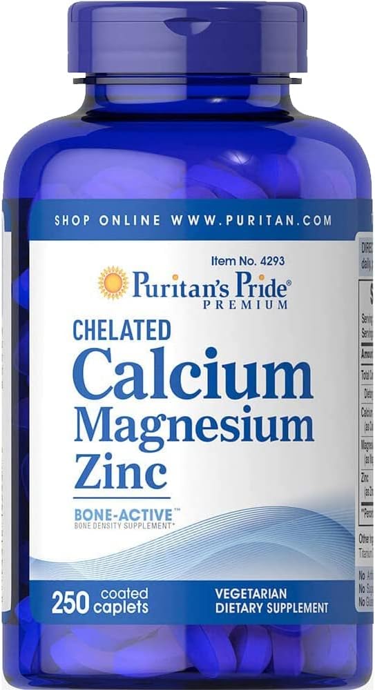 Puritan's Pride Premium Chelated Calcium Magnesium Zinc with Bone-Active™, Dietary Supplement for Bone Health, Bone Density, and Immune Function Support, 250 Coated Tablets