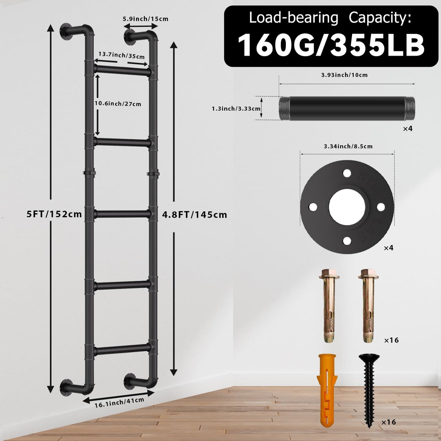 3/4/5/6/7/8FT Black Wall Mounted Steel Ladder, 5-Step Egress Ladder for Window Well, Loft, Bunk Bed, Camper, RV | Floor/Wall Mounted Indoor Safety Climb for Bedroom, Basement, Gym, Dorm & Small Spaces