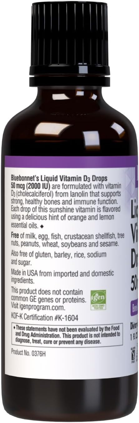 Bluebonnet Vitamin D3 2000IU 50mcg Strong Bones & Immune Support Supplement - Liquid Vitamins for Women & Men - Lanolin Vit D Drops with MCT Oil - Non-GMO, Vegetarian - Citrus Flavor - 1 Fl Oz
