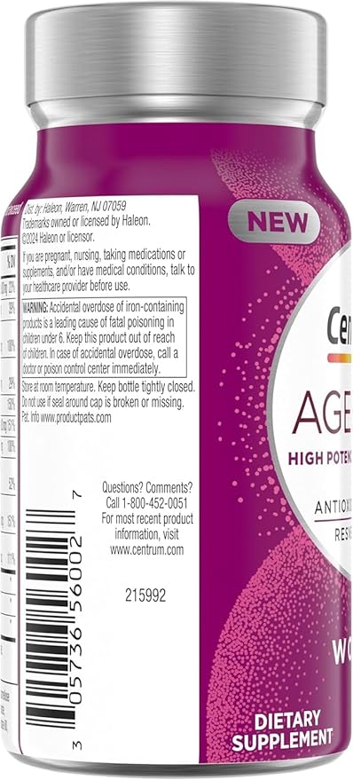 Centrum Age Defy for Women, All-in-1 High Potency Multivitamin + Healthy Aging Supplement, Multivitamin Blend with Resveratrol, and Niacin for NAD+ Level Support, Aluminium Bottle, 56 Tablets